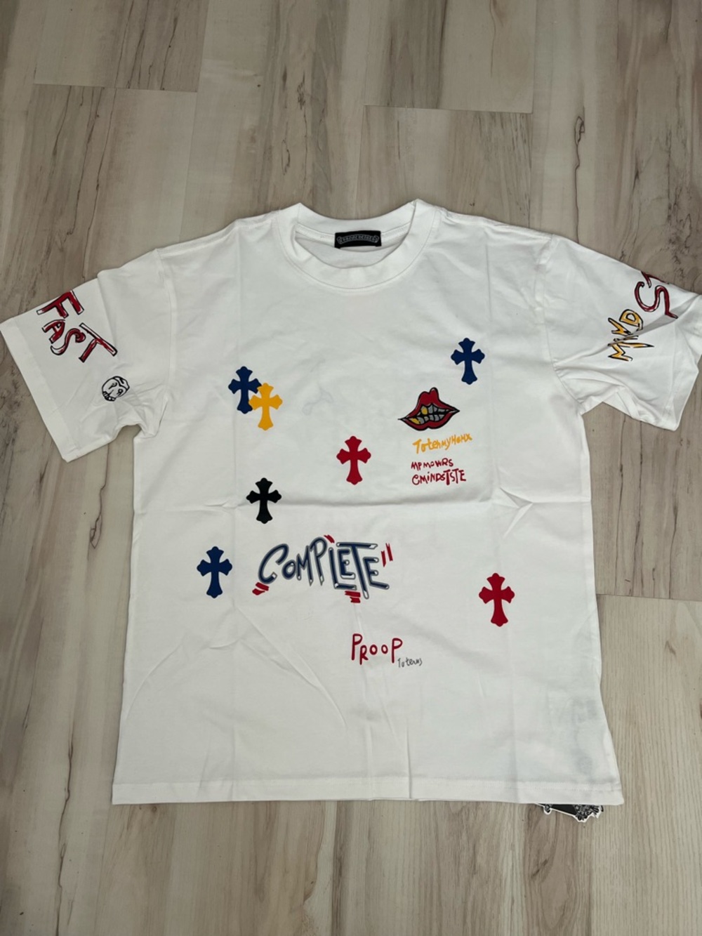 Chrome Hearts White Graphic Short Sleeve Tee with Multicolor Cross Motif